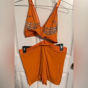 Orange Two-Piece Sleep Set with Skeleton Hand Detail, XXL/XXXL